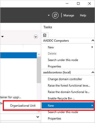 Selezionare l'opzione per creare una nuova unità organizzativa nel Centro di amministrazione di Active Directory