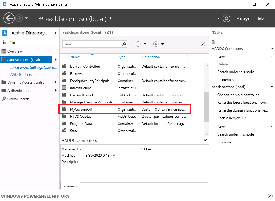 L'OU personalizzata disponibile per l'uso nel Centro di amministrazione di Active Directory