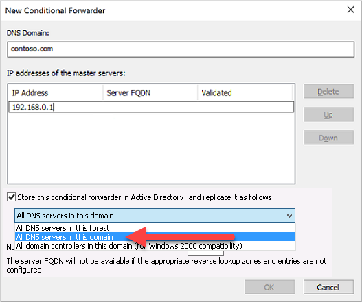 Console DNS: selezionare Tutti i server DNS in questo dominio