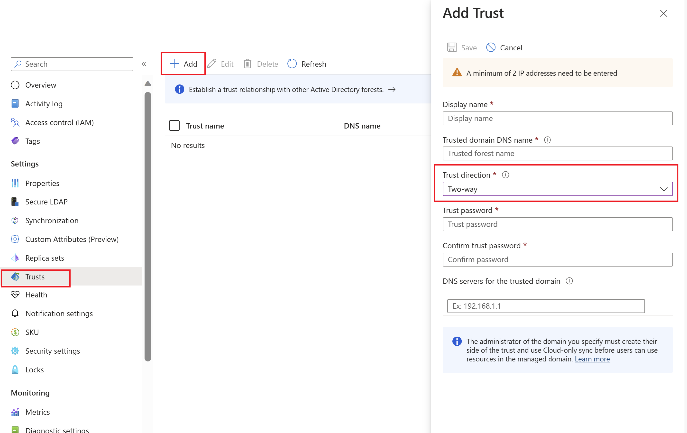 Screenshot su come creare un trust tra foreste in uscita nell'interfaccia di amministrazione di Microsoft Entra.