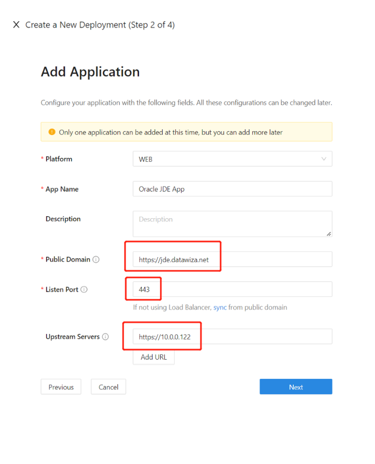 Screenshot delle voci Dominio pubblico, Porta di ascolto e Server upstream.