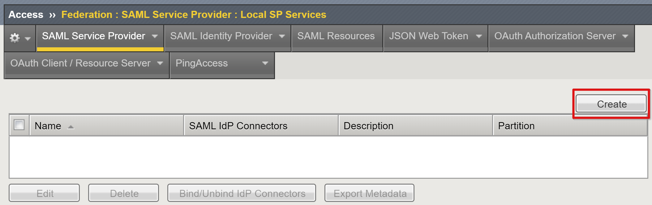 Screenshot dell'opzione Create nella pagina Local SP Services.