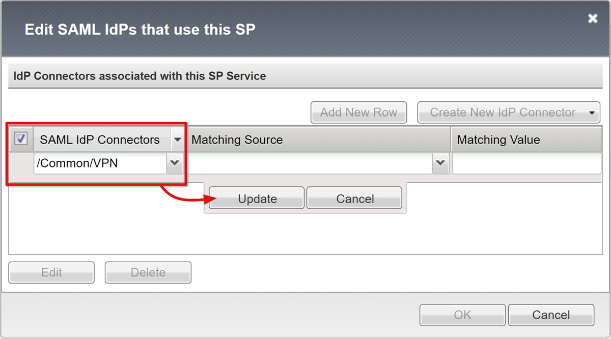 Screenshot dell'opzione SAML IdP Connectors nella pagina Edit SAML IdPs.