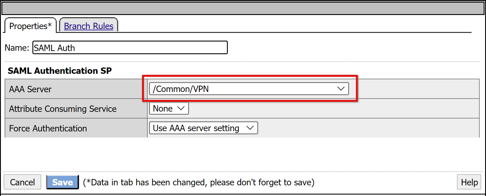 Screenshot della voce AAA Server in SAML Authentication SP nella scheda Properties.