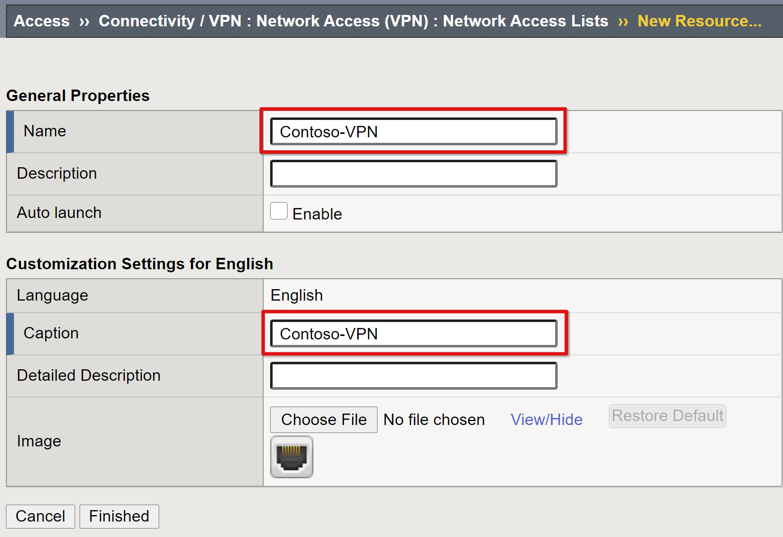 Screenshot della voce Name in General Properties e voce della didascalia in Customization Settings for English.