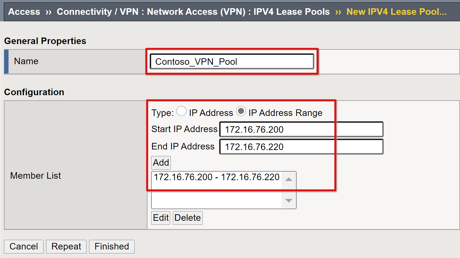 Screenshot delle voci Name e Member List in General Properties.