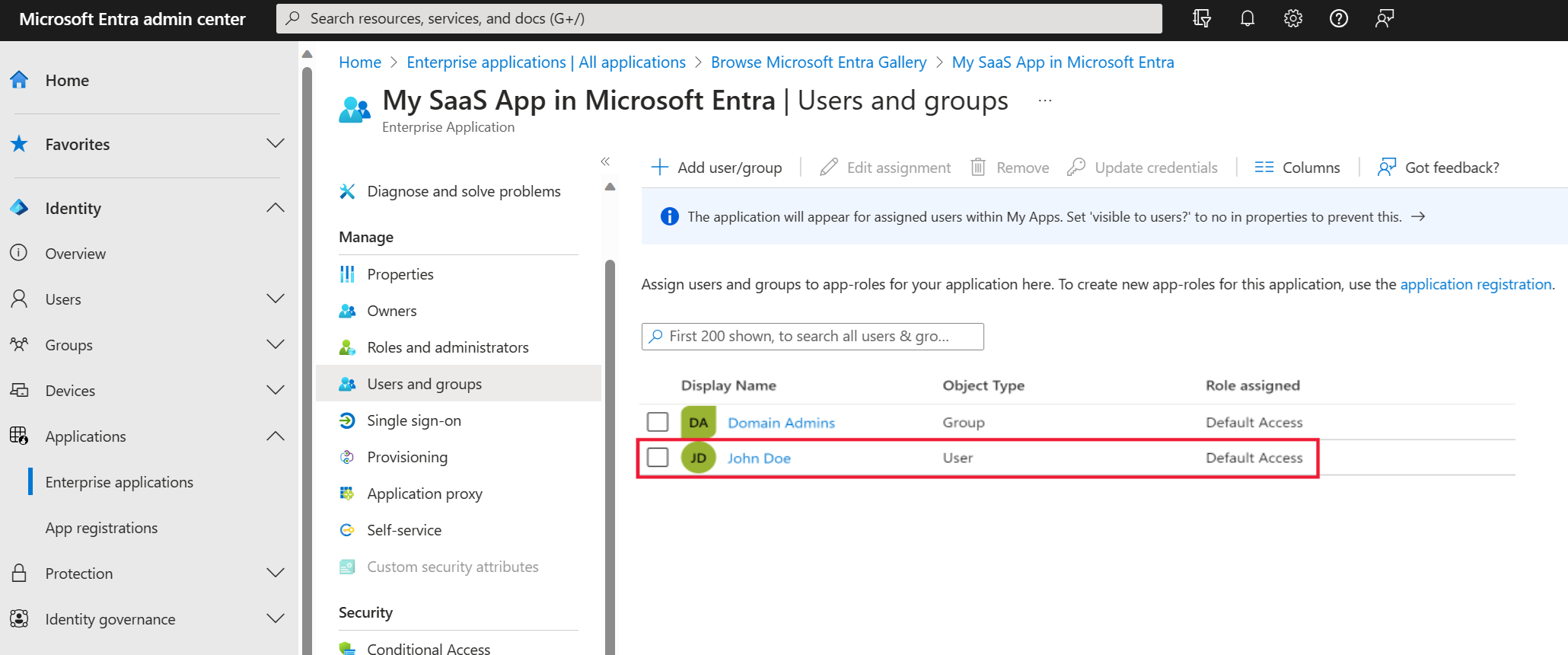 Screenshot della finestra dell’app SaaS personale in Azure.