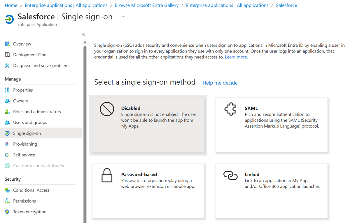 Screenshot dell'opzione SAML in Single Sign-On.