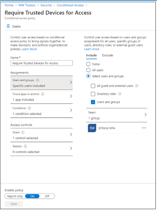 Screenshot delle voci per Richiedi dispositivi attendibili per l'accesso in Accesso condizionale.