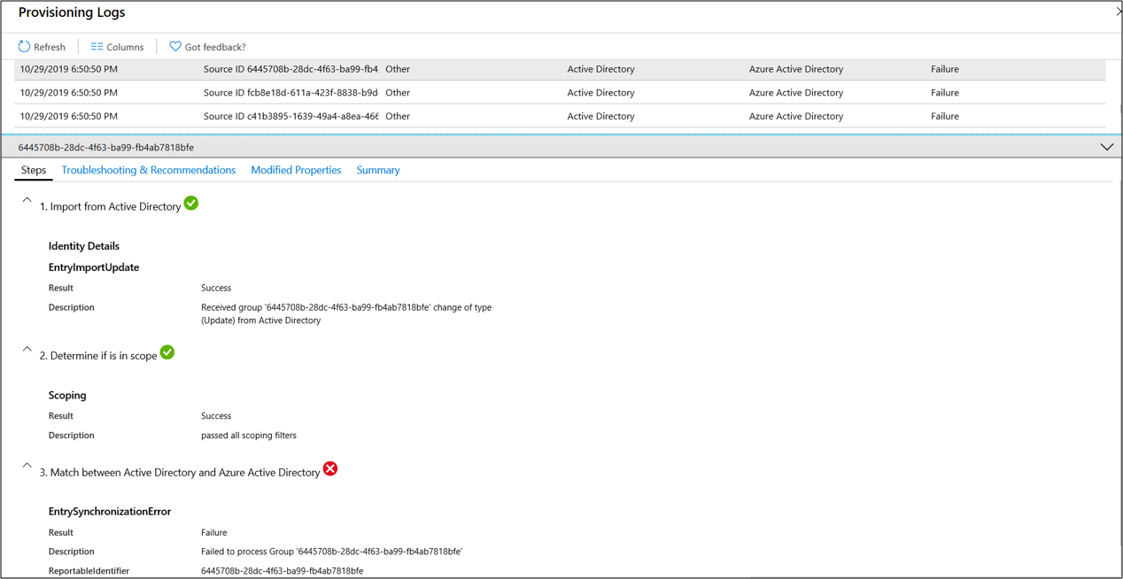 Screenshot che visualizza le informazioni dell'elenco a discesa dei log di provisioning.