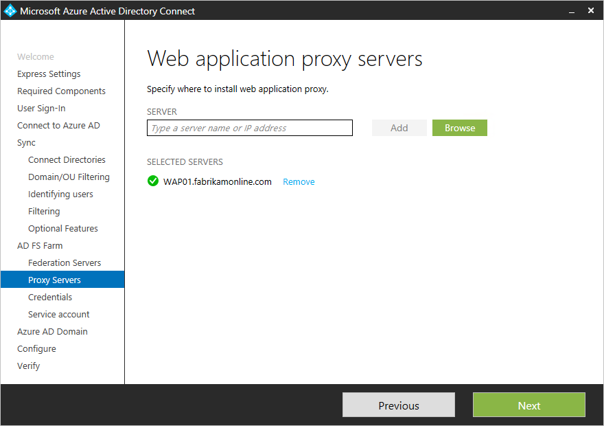 Screenshot che mostra la pagina dei server Proxy applicazione Web.