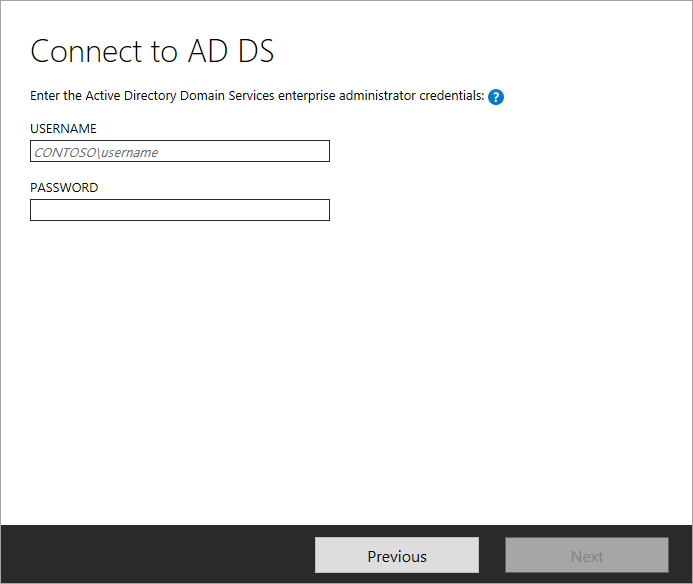 Screenshot che mostra la pagina Connetti ad Active Directory Domain Services nell'installazione guidata.