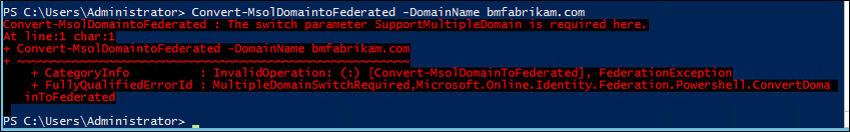 Screenshot che mostra un errore di federazione in PowerShell.