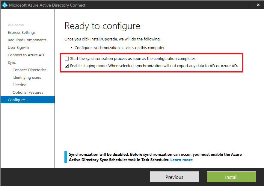 Screenshot che mostra la pagina Pronto per la configurazione nella finestra di dialogo Microsoft Entra Connect.