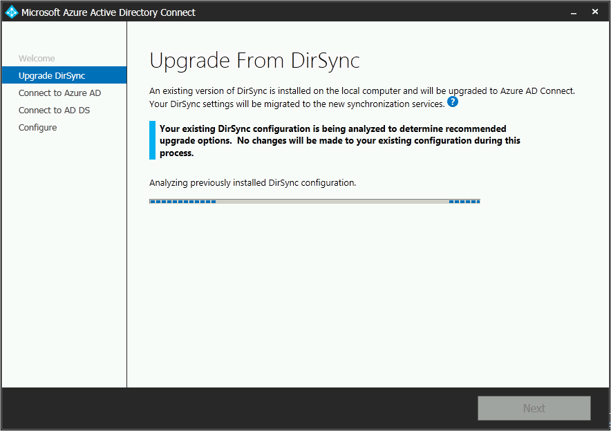 Screenshot che mostra Microsoft Entra Connect durante l'analisi di un'installazione di DirSync esistente.