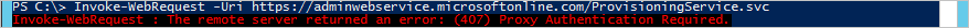 Screenshot di un errore proxy 407 in PowerShell.