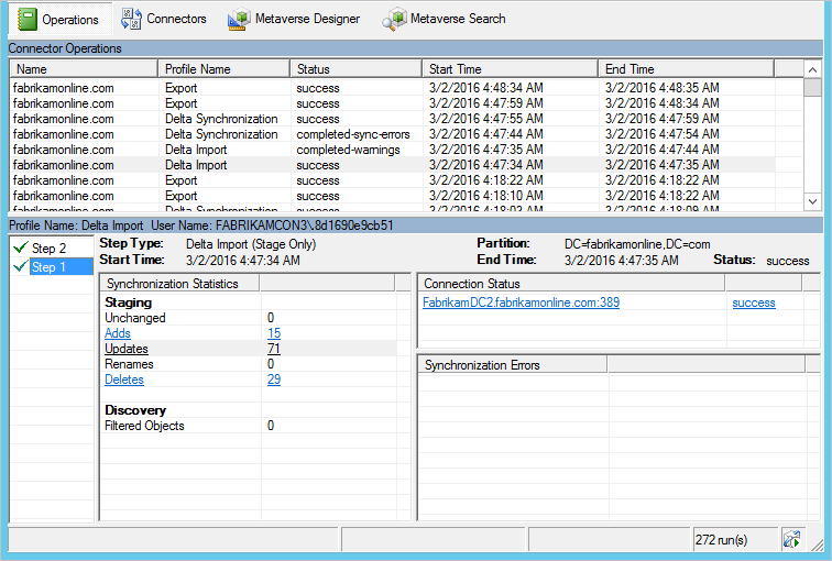 Schermata di Synchronization Service Manager, che mostra la scheda Operazioni selezionata