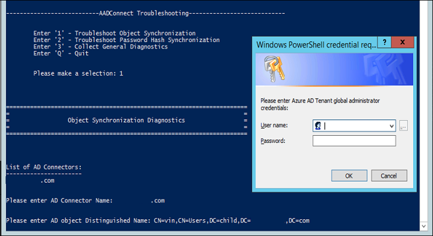 Screenshot che mostra la finestra di dialogo delle credenziali in uno sfondo del terminale di PowerShell.