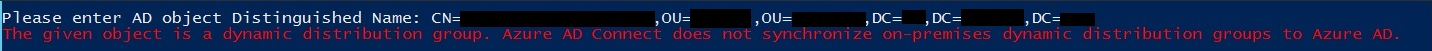 Screenshot che mostra un esempio di errore di gruppo di distribuzione dinamico in PowerShell.