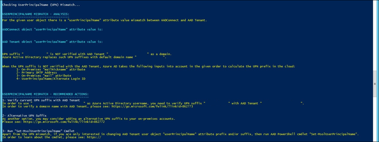 Screenshot che mostra un esempio di errore di suffisso UPN non verificato in PowerShell.