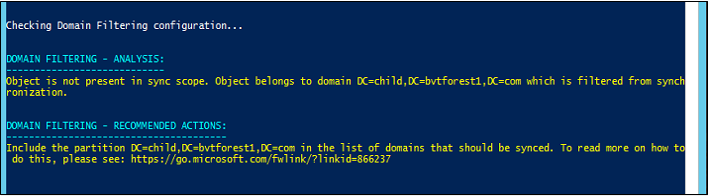 Screenshot che mostra un esempio di errore causato da un dominio non incluso nell'ambito di sincronizzazione.