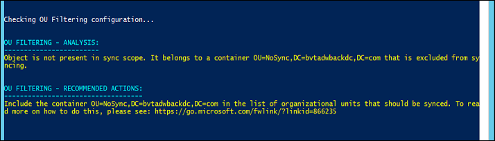 Screenshot che mostra un esempio di errore di filtraggio dell’unità organizzativa in PowerShell.