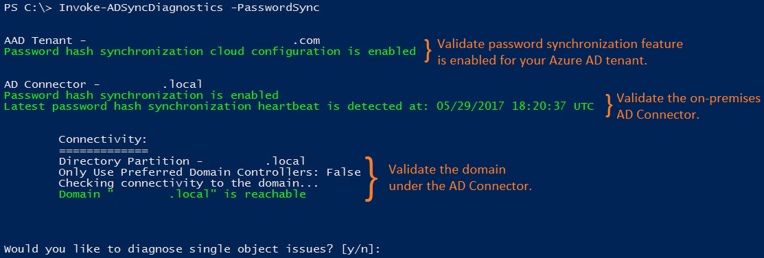 Output di diagnostica per la sincronizzazione dell'hash delle password