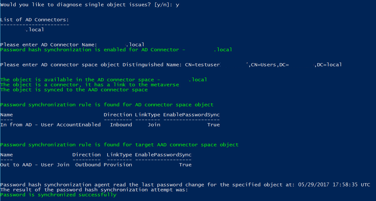 Output di diagnostica per la sincronizzazione dell'hash delle password: singolo oggetto