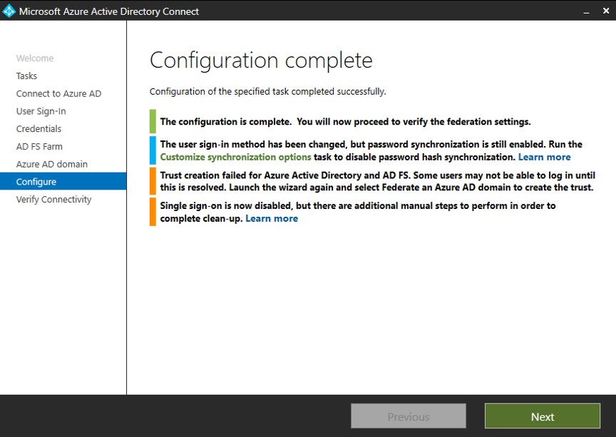 Screenshot che mostra il riquadro di completamento della configurazione.