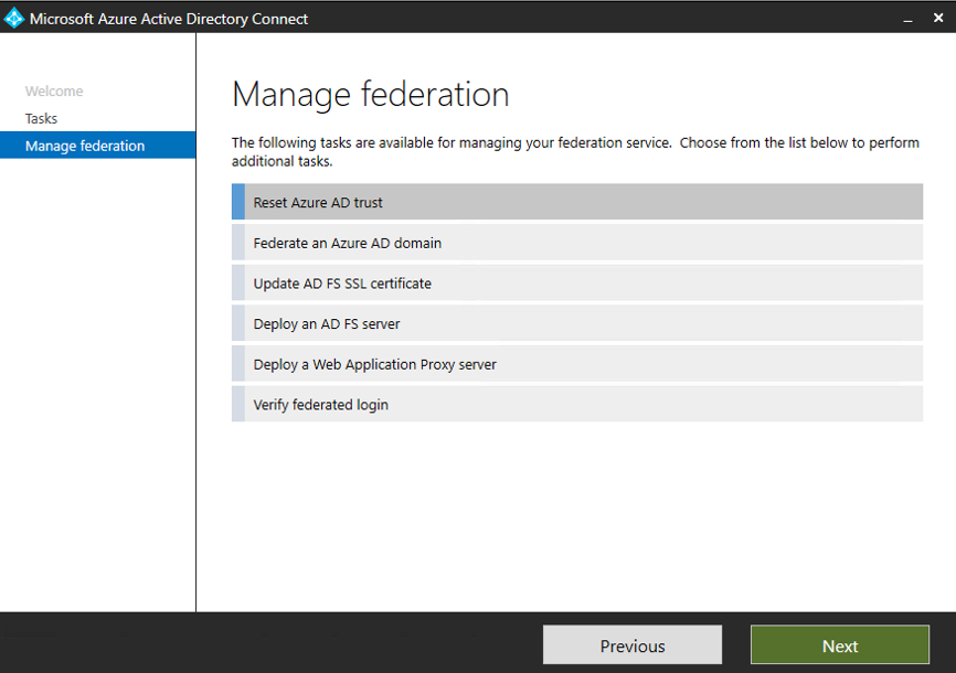 Screenshot che mostra il riquadro Gestione federazione con l'opzione Reimposta Microsoft Entra ID selezionata.