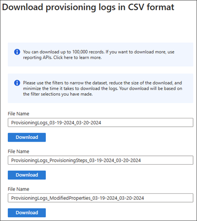 Screenshot delle opzioni di download per i registri di provisioning.