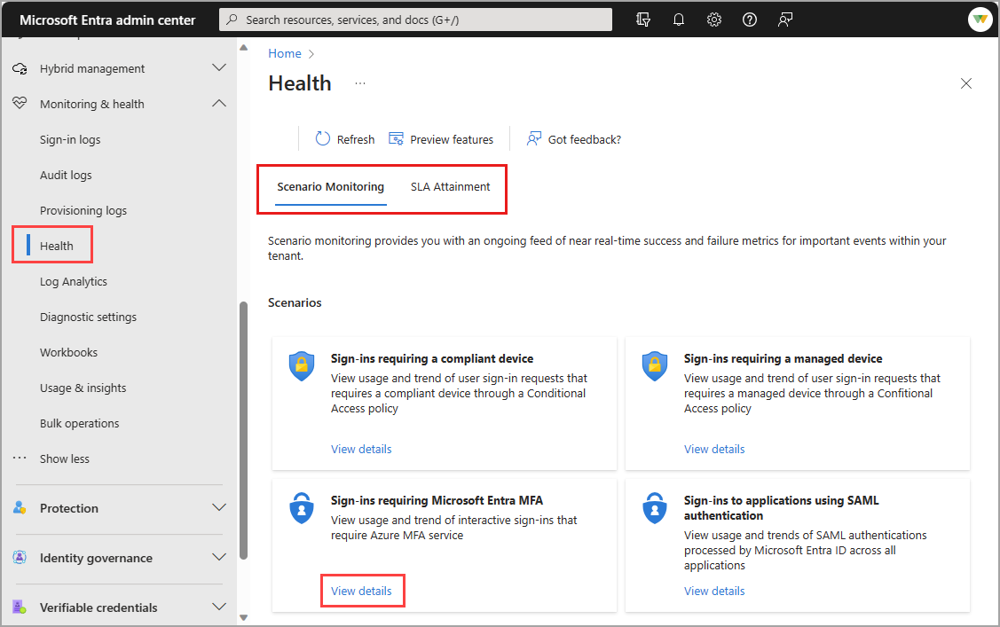 Screenshot della pagina di destinazione di Microsoft Entra Health.