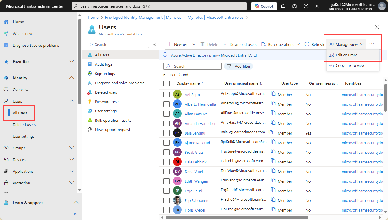 Screenshot della visualizzazione Utenti con l'opzione gestisci visualizzazione evidenziata.