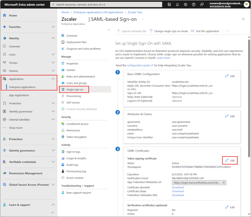 Screenshot del processo di modifica dell'accesso Single Sign-On.