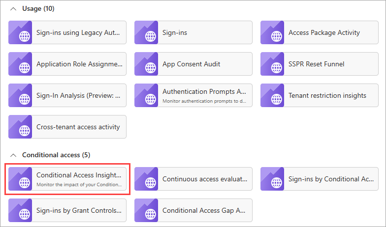 Screenshot che mostra l'opzione Approfondimenti e report sull'accesso condizionale.