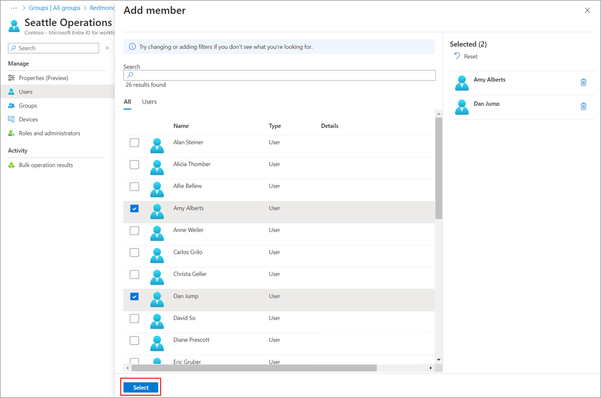 Screenshot dell'aggiunta di più dispositivi a un'unità amministrativa.