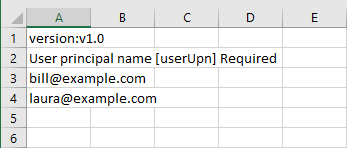 Screenshot di un file CSV modificato per l'aggiunta in blocco di utenti a un'unità amministrativa.