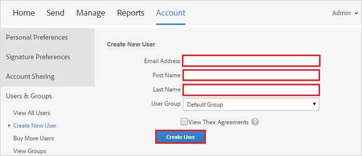 screenshot della sezione Create New User (Crea nuovo utente)