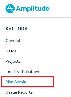 Screenshot che mostra il menu di Amplitude con l'opzione Plan Admin selezionata.