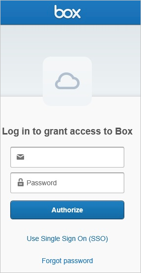 Screenshot della schermata Log in to grant access to Box, che mostra l'immissione di Email e Password oltre al pulsante Authorize.