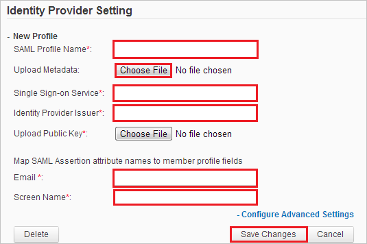 Screenshot che mostra la schermata Identity Provider Setting di Brightidea in cui immettere informazioni.