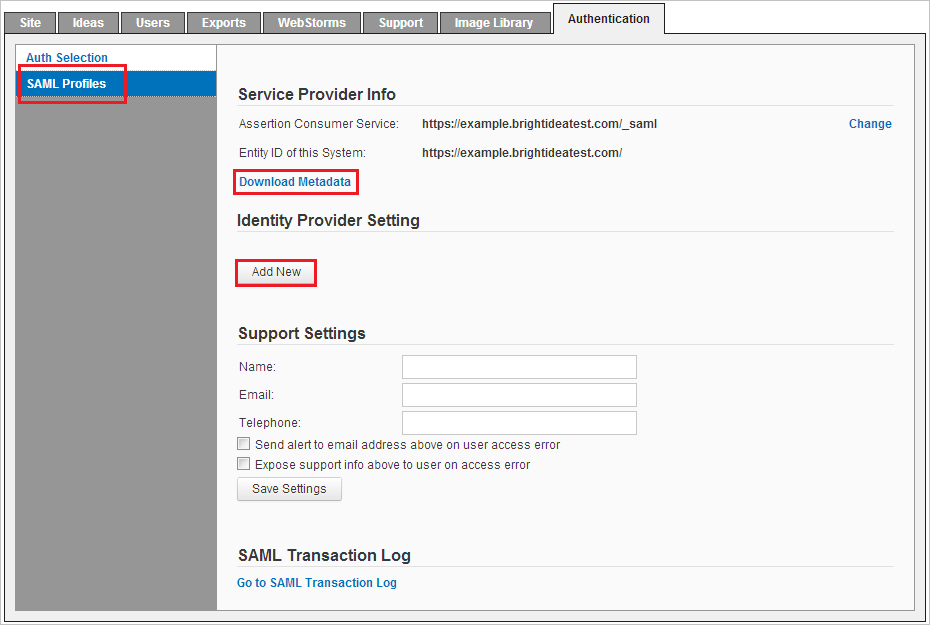 Screenshot che mostra la scheda Authentication di Brightidea con l'opzione SAML Profiles selezionata, che include le opzioni Download Metadata e Add New.