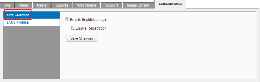 Screenshot che mostra la scheda Authentication di Brightidea con l'opzione Auth Selection selezionata.