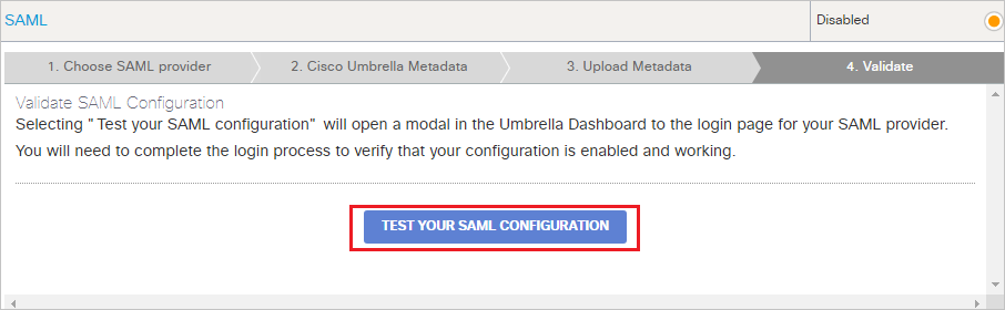 La schermata che mostra la configurazione di prova SAML.