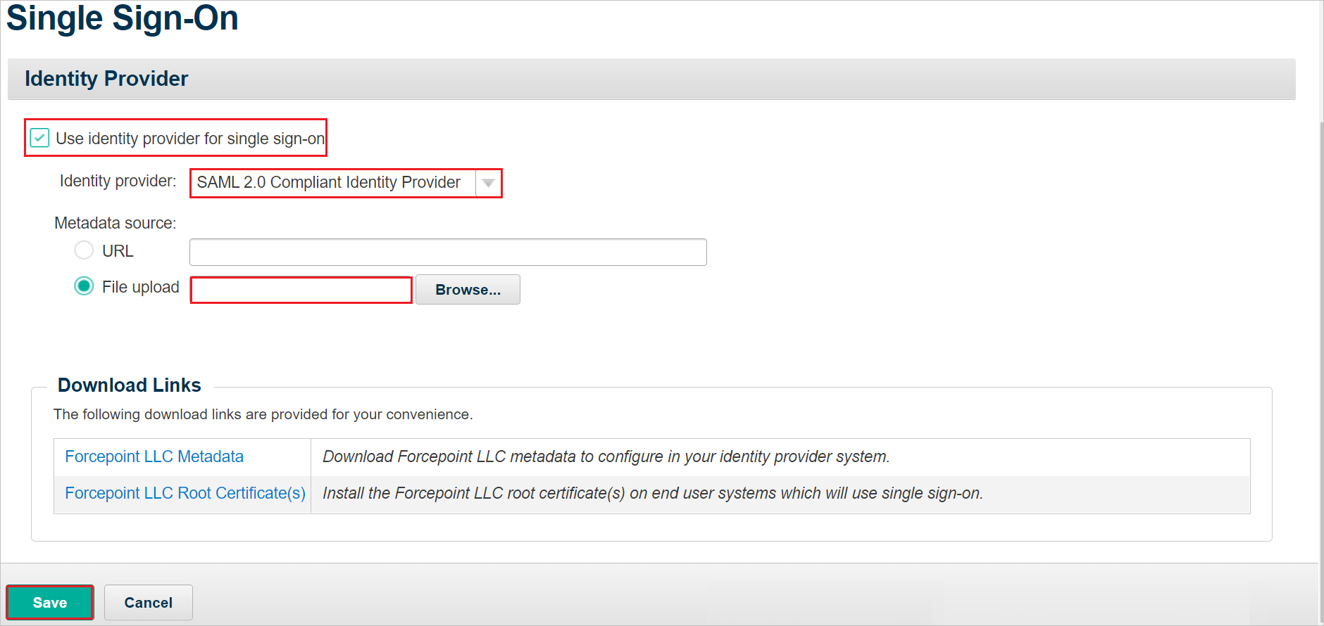 Screenshot che mostra la pagina di configurazione dell'accesso Single Sign-On.