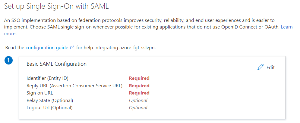 Screenshot della pagina di configurazione SAML di base.