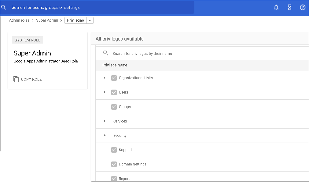 Privilegi di amministratore di G Suite