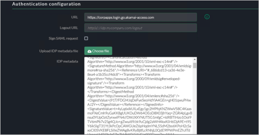 Screenshot della schermata Authentication configuration della console Akamai EAA che mostra le impostazioni per URL, Logout URL, Sign SAML Request e IDP Metadata File.