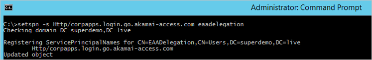 Screenshot di un prompt dei comandi amministratore che mostra i risultati dell'esecuzione del comando setspn -s Http/corpapps.login.go.akamai-access.com eaadelegation.