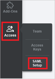 Screenshot mostra il menu Accesso con l'opzione Configurazione SAML selezionata.